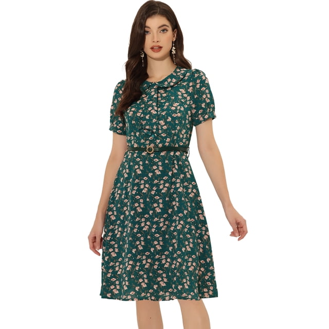 Vestido Floral Elegante Allegra K con Cinturón y Cuello Peter Pan Verde Oscuro S