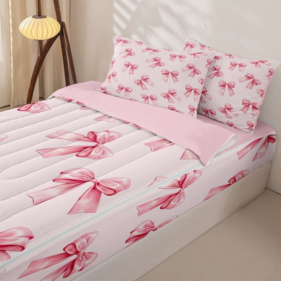Homewish Kawaii Bow Girl Zipper Full Size Comforter Sets with Fitted Sheet and 2 Pillowcases, Cartoon Ribbon Zipper Bedding Set, Pink Reversible, 4pcs