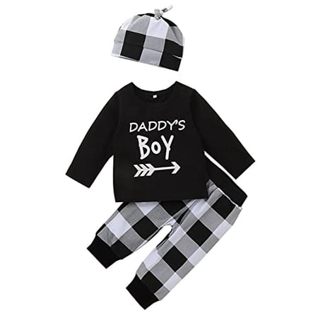 

StylesILove Baby Toddler Boys MAMA S & DADDY S BOY Black Long Sleeve T-Shirt and Plaid Pants with Hat 3pcs Cotton Fall Winter Outfit (Daddy s Boy 9 Months)