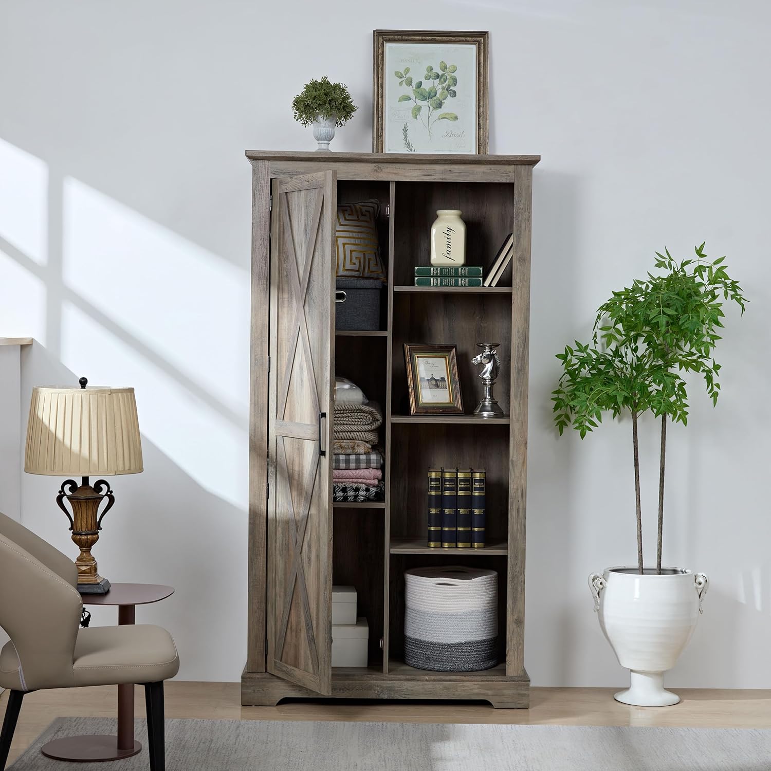 Rustic Farmhouse Tall Storage Cabinet Bookcase with Sliding Barn Door, Adjustable Shelf, Pantry Cupboard Kitchen Organizer Furniture Home Drawer Shelves,Gray Wash