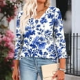 thumbnail image 4 of CYMMPU Floral Printed 3/4 Length Sleeve Summer Fall Vintage Shirts Basic Tees Business Work Blouses V-Neck Plus Size Tunic Tops 2025 Clothes for Women Blue M, 4 of 8