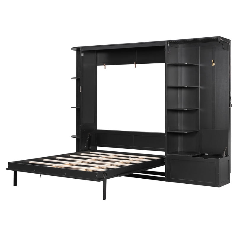 Queen Murphy Bed with Shelves, Coat Hook & Hidden Storage Cabinet, Space-Saving Wall Platform Bed with Built-in Lights
