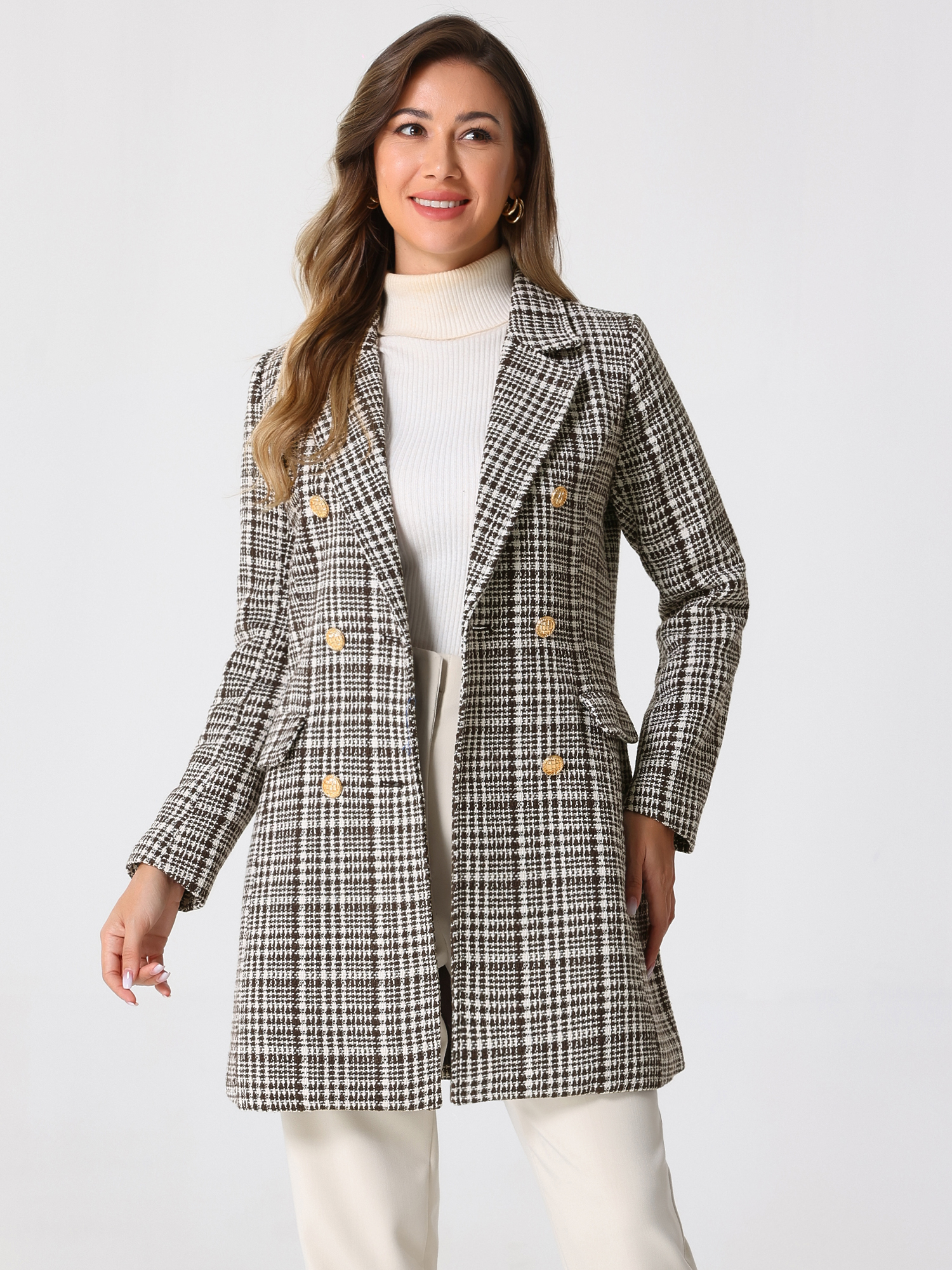 DARING DIVA Women's Plaid Double Breasted Tweed Blazer Outerwear Coat Brown XS
