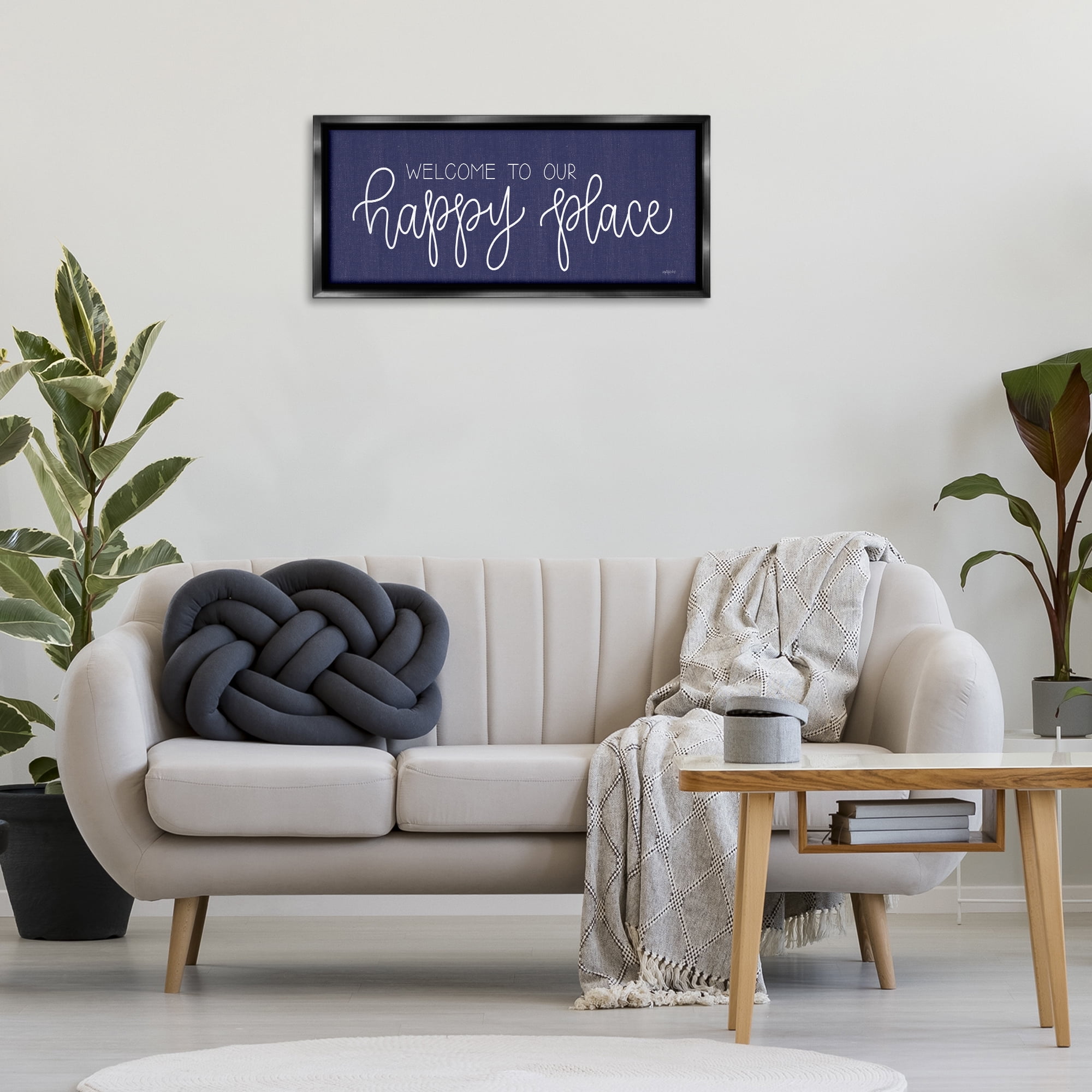 Stupell Industries Welcome Happy Place Typography Painting Black Floater Framed Art Print Wall Art, 31 x 14
