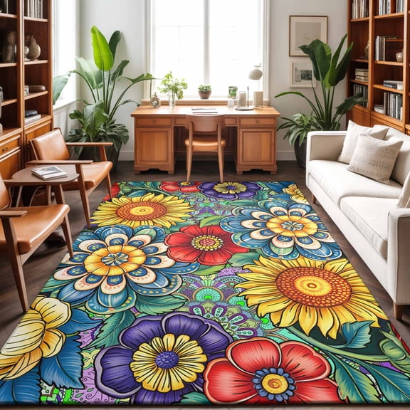 Large Area Rugs 8'x10', Boho Colorful Floral Carpet Runner Indoor Outdoor Rugs Home Decor Aesthetic, Spring Flower Botanical Sunflowers Plant Non Slip Mats Washable Accent Rug for Living Room Bedroom