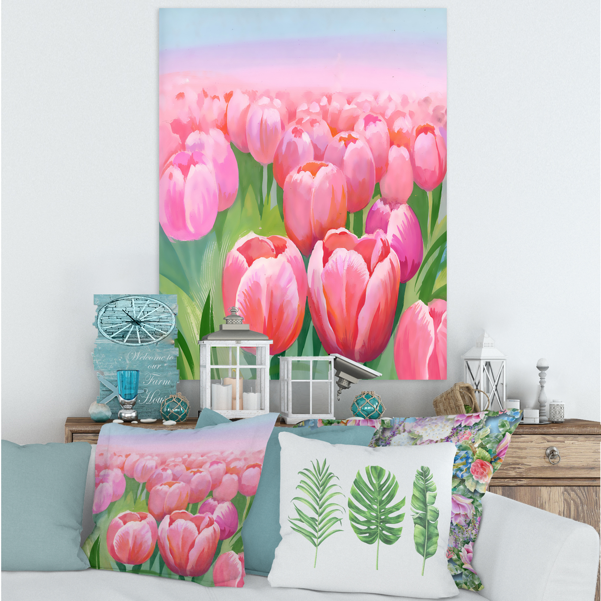 Designart ' Pink Tulips in Field ' Traditional Canvas Wall Art Print