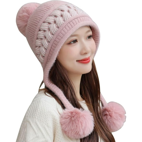 Zhengup Women Winter Peruvian Cover Ears Beanie Hat Ear Flaps Sherpa Ski Snow Hats Knit Fleece Lined 3 Pom Pom