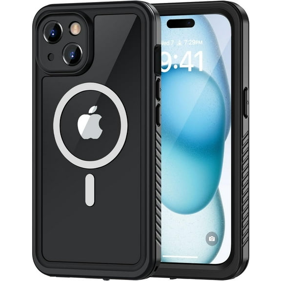 KOMI iPhone 15 Case, IP68 Waterproof Dustproof Shockproof Cases with Built-in Screen Protector, 360 Full Body Protective Heavy Duty Rugged Phone Cover for iPhone 15-6.1 inch (Black/Clear)