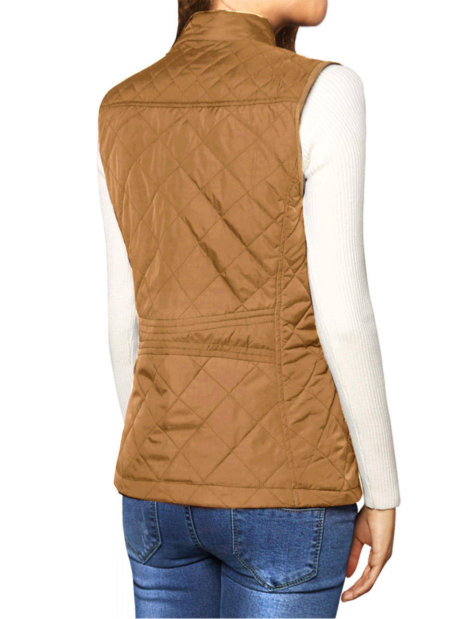DARING DIVA Women's Zip Stand Collar Quilted Padded Vest M Saddle Brown