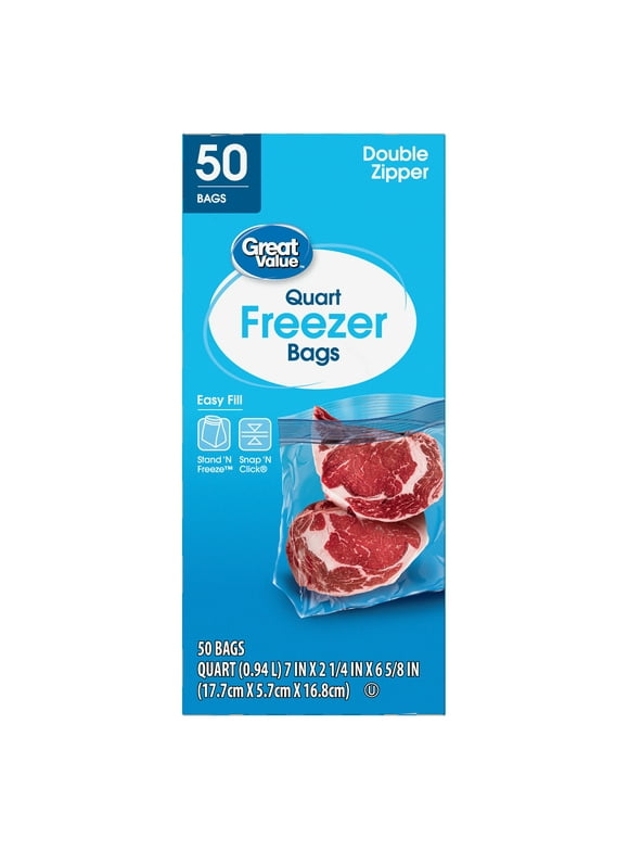 Great Value Freezer Guard Double Zipper Freezer Bags, Quart, 50 Count
