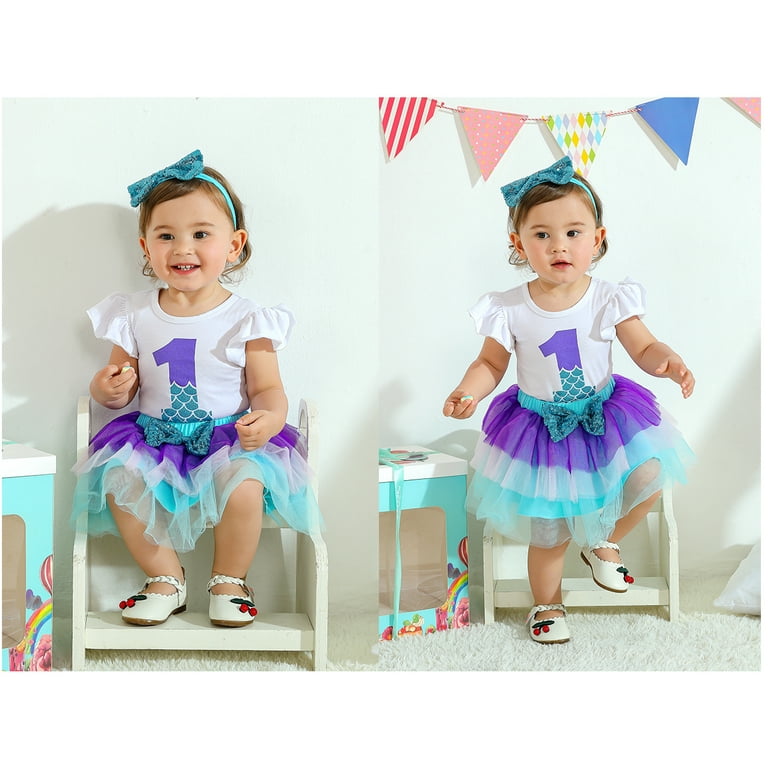 Younger Tree Baby Girls 1st Birthday Outfit, Mermaid Romper, Tutu Dress,  Sequin Bow, Headband, Leggings, 18-24 Months - Walmart.com