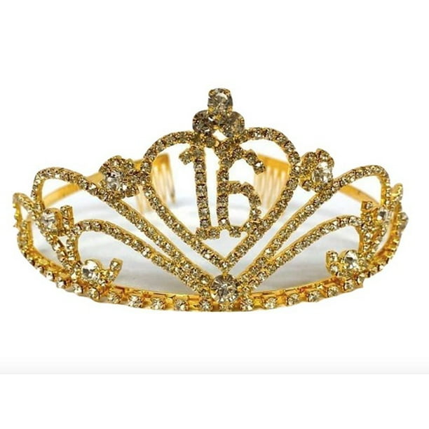 Gold Rhinestone Sweet 16 Birthday Crown Tiara Gift Keepsake 2.25 Inch ...