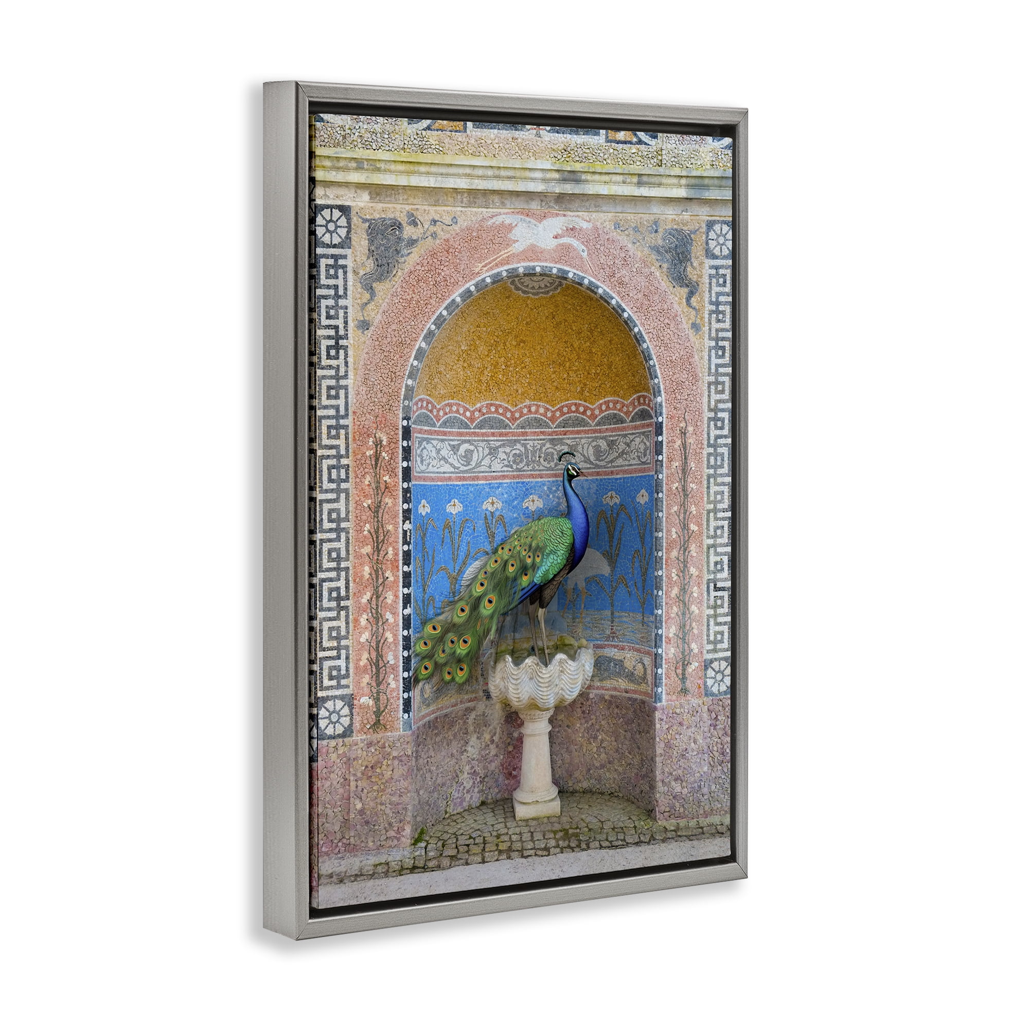 Stupell Industries Peacock with Traditional Architecture Novelty Painting Gray Floater Framed Canvas Art Print Wall Art, 21 x 31