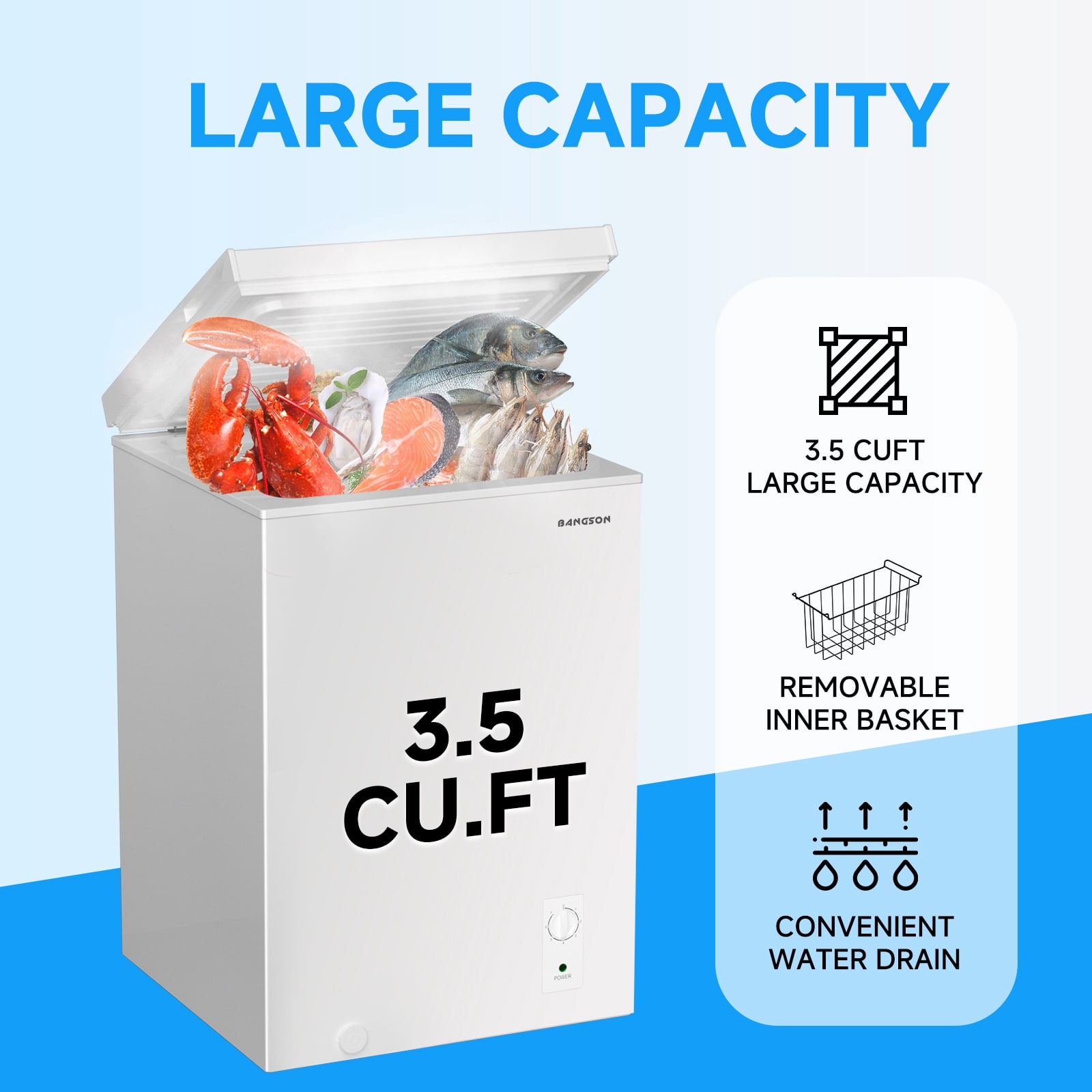 BANGSON 3.5 Cu.Ft Chest Freezer, Small Deep Freezer Energy-Saving Quiet Mini Freezer for Home, Dorm, Apartment, Garage, Kitchen, White