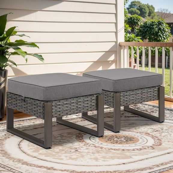 Outdoor Ottomans for Patio - 250 LBS Weight Capacity Wicker Foot Rest Set of 2 with Woodgrain Lacquered Metal Frame Multipurpose Outdoor Foot Stool for Porch Balcony Backyard (Grey/Grey)