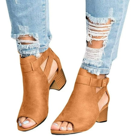 

Women Peep Open Toe Boot Cut Out Buckle Ankle Bootie Stacked Block Chunky Low Heel Sandal Causal Party Dress Shoe