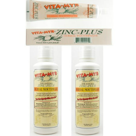 VITA-MYR Value Package #2 – 1 Tube Original 4 Oz Zinc+ Natural Toothpaste & 2- 16 Oz Natural Mouthwash. Gluten Free. Vegan, No SLS, No Sugar, Fluoride, Alcohol or Saccharin. Control Bad