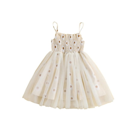 

ELF Toddler Girl Summer Dress Sleeveless Spaghetti Strap Daisy Print Smocked Tulle Dress Kid Outfit