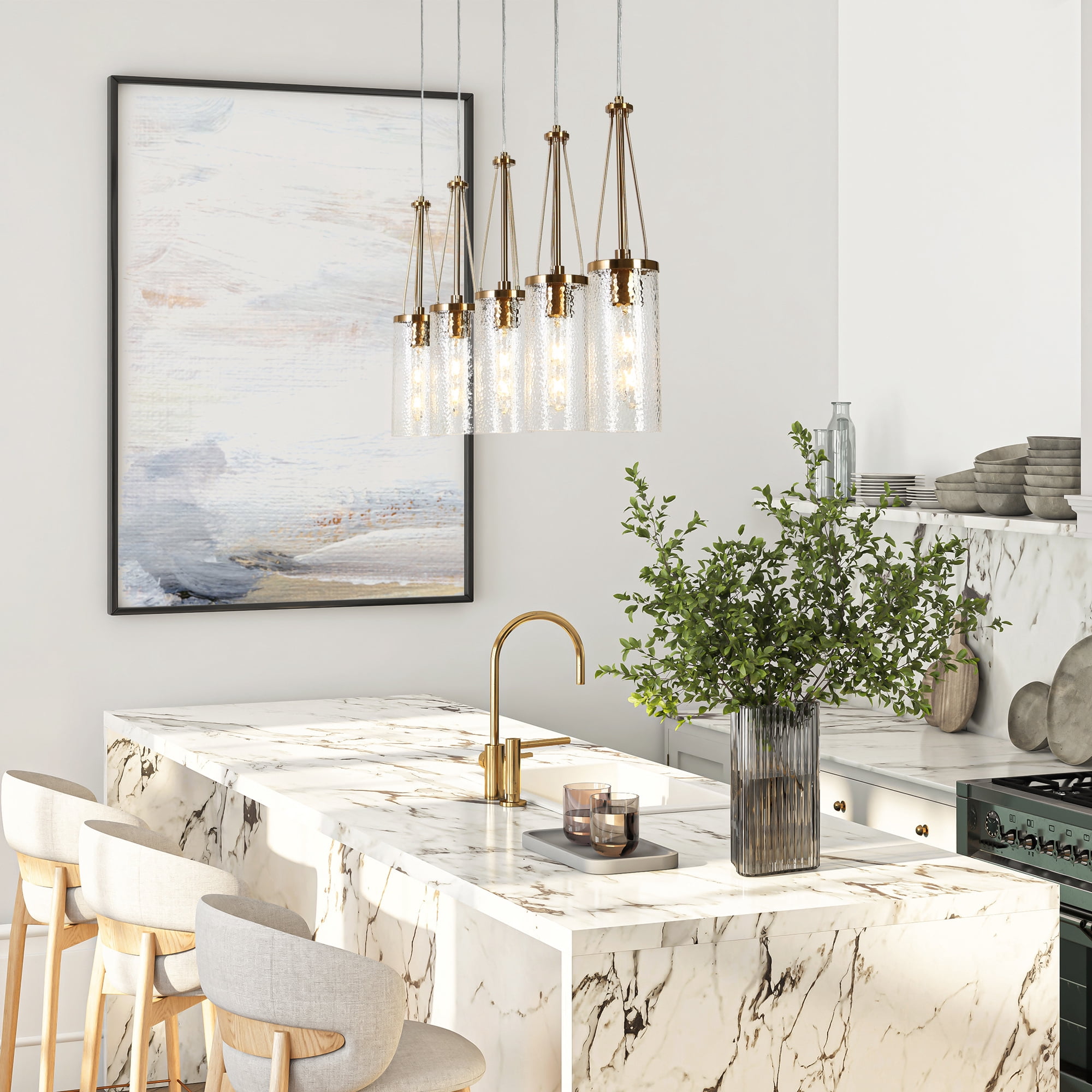 LNC Letophafos 5 -Light Polished Dark Gold with Ripple Glass Modern/contemporary Textured glass Crystal Linear Large Hanging Kitchen Island Light
