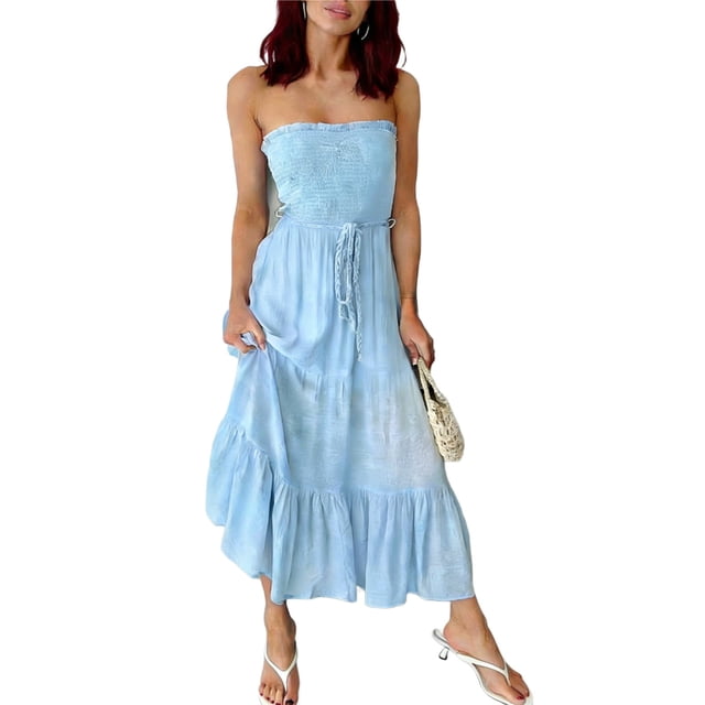 Robe Maxi Sans Bretelles pour Femmes, Buste Smocké avec Taille Ajustable à Cordon, Ourlet Volanté Fluide Longue Robe, Respirante pour Vacances à la Plage, Tenue d'Invitée de Mariage d'Été