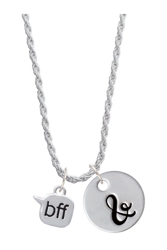 Silvertone Text Chat - bff - Best Friends Forever - Silvertone Script Initial Disc - & - Charm Necklace, 20"+3"