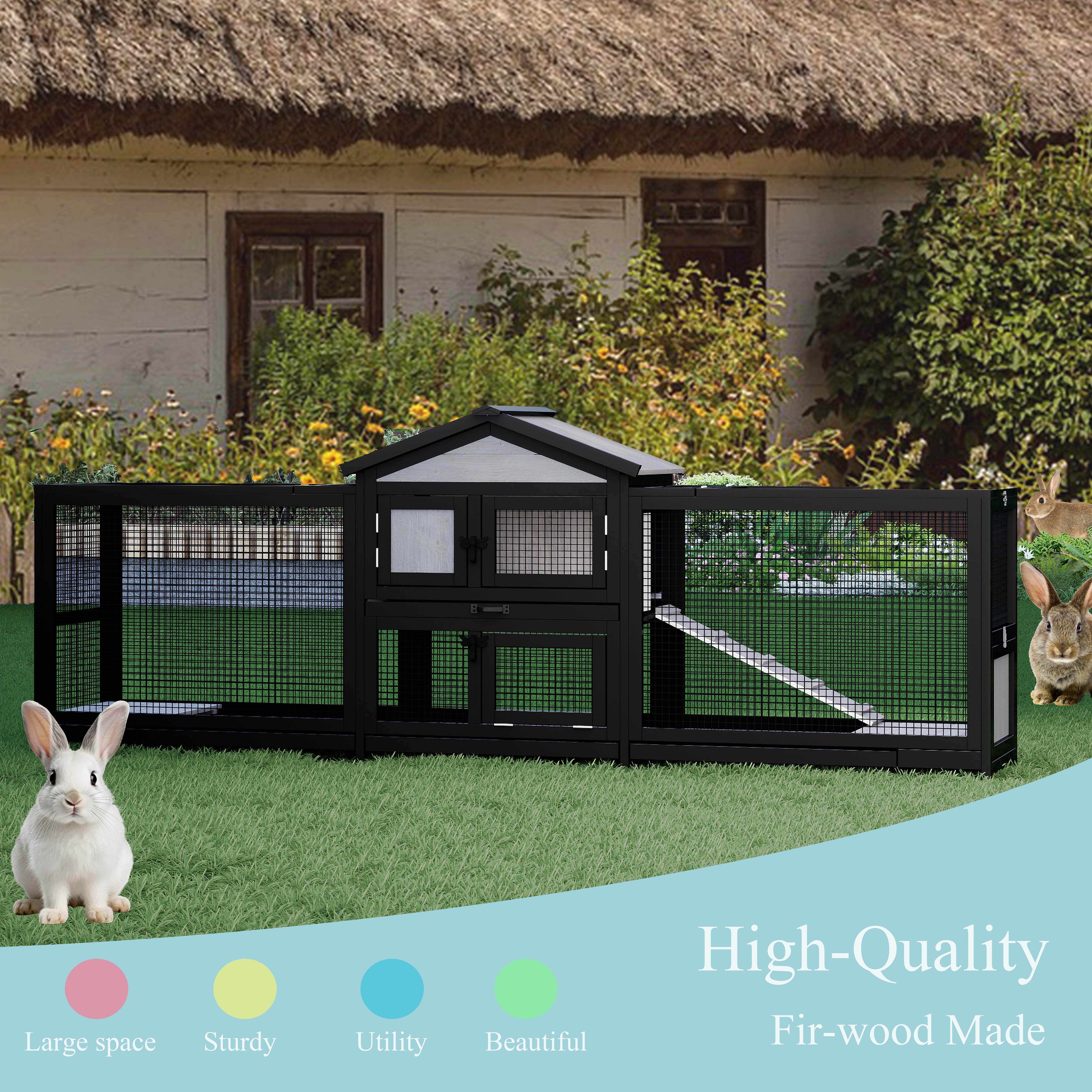 Large Wooden Rabbit Cage Small Animal Cage Indoor Outdoor Pet Cage (large) With Removable Tray And Wire Mesh  Bedding Area 2Running Cages Sturdy And Durable ,Spacious And Pracctical.Black