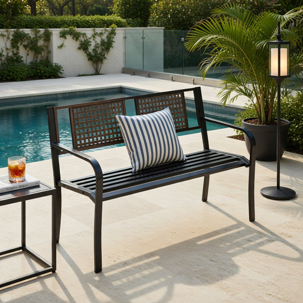 Hommoo 50" Outdoor Metal Patio Bench for 2-3 People, Rattan-Style Garden Bench with Heavy-Duty Steel Frame & Anti-Slip Feet, Black