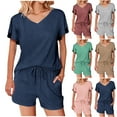 thumbnail image 1 of WRKEKC Ensembles 2 Pcs pour Femmes, Tenues d'Été pour Femmes, Haut d'Été pour Dames à Col en V Décontracté Uni à Manches Courtes et Ensemble de Shorts à Taille Élastique, 1 of 10