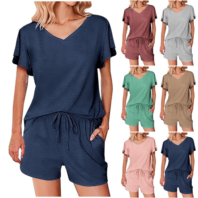 WRKEKC Ensembles 2 Pcs pour Femmes, Tenues d'Été pour Femmes, Haut d'Été pour Dames à Col en V Décontracté Uni à Manches Courtes et Ensemble de Shorts à Taille Élastique
