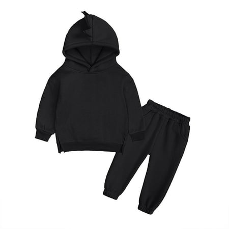 

BIZIZA Baby Outfit Hoodie 2-Piece Solid Color Fleece Winter Long Sleeve Pants for 1-12Y Kids Black 100