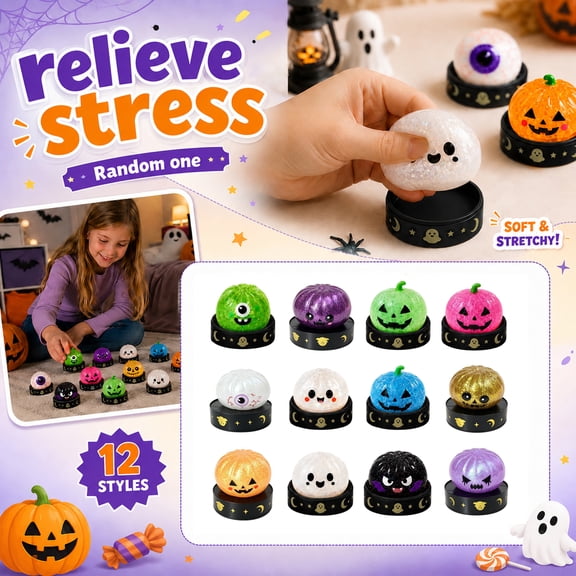 Halloween Pumpkin Mini Dumpling Squishy Mystery Box, Mystery Squishy Dumpling, Glitter Stress Relief Squeeze Balls with Steamer Box, Mystery Surprise Fidget Halloween Toys for Kids