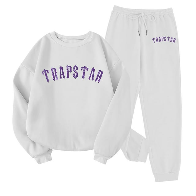 Trapstar Chandails Molletonnés à Col Rond pour Femmes Ensembles Manches Longues Graphiques Chandails Molletonnés pour Femmes Amples Trapstar Style de Rue Hip-hop Chandails Molletonnés à Enfiler+pantalon de Survêtement Ensemble pour Femmes de 2 Vêtements Classiques pour Femmes (Blanc, TG)
