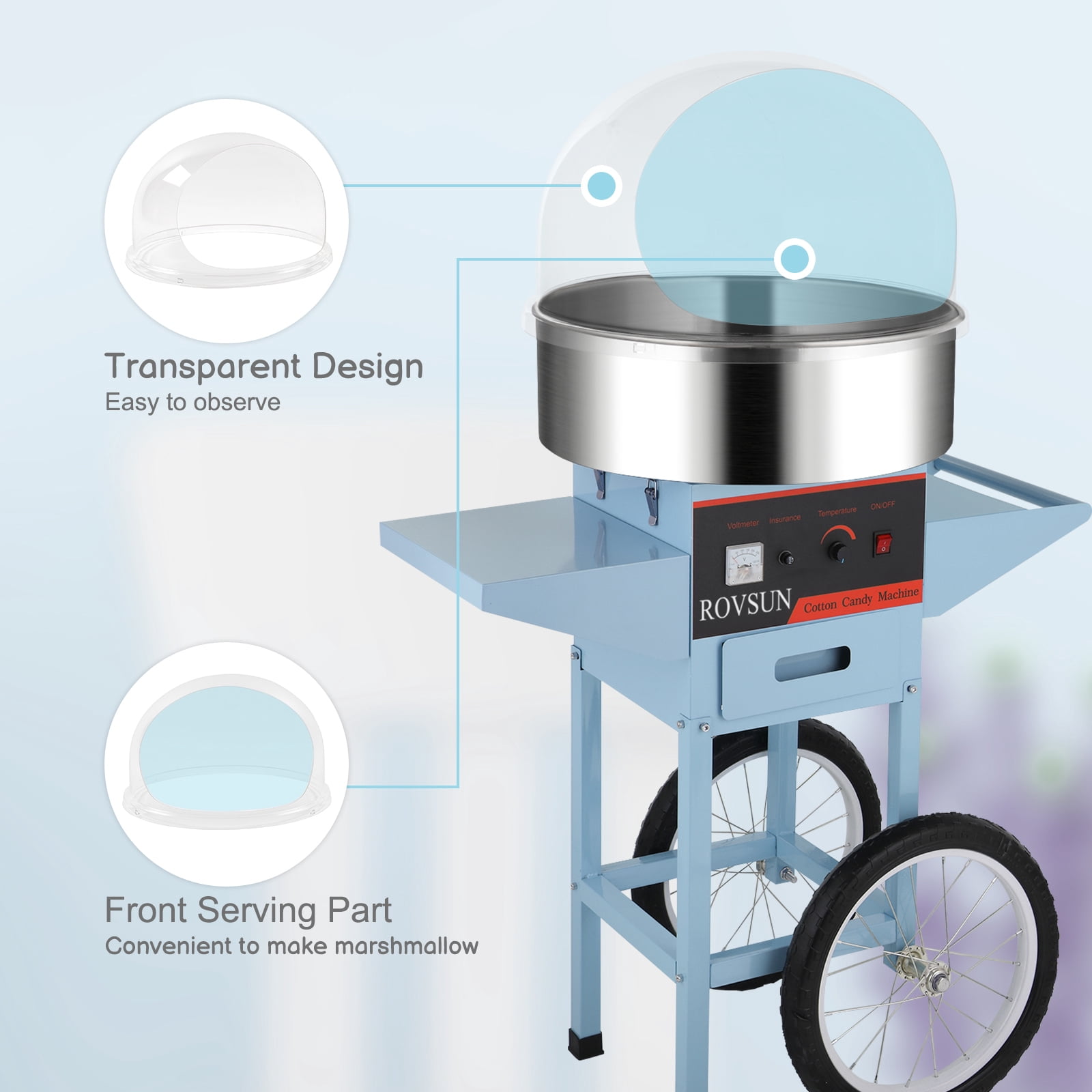ROVSUN Cotton Candy Machine with Cart Stainless Steel, 21 Inch Electric Cotton Candy Maker Candy Floss Maker w/Cover Sugar Scoop and Large Storage Drawer for Commercial Home Party Carnival, Blue