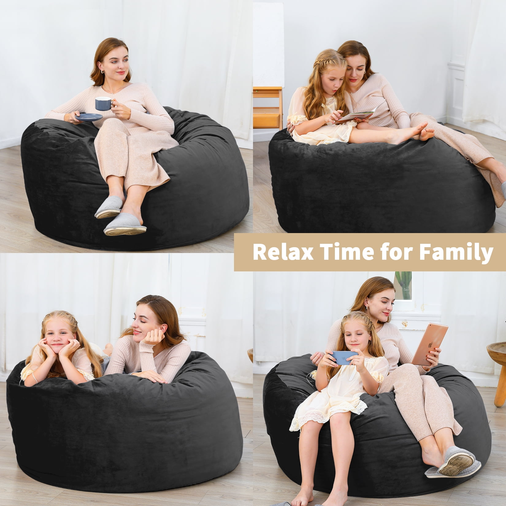 4FT Large Bean Bag Chair, Giant Bean Bag Chair with Filling, Round Bean Bag Sofa for Adults Teens, Big Sofa Bean Bag Chairs Soft Velvet Beanbag for Bedroom Living Room