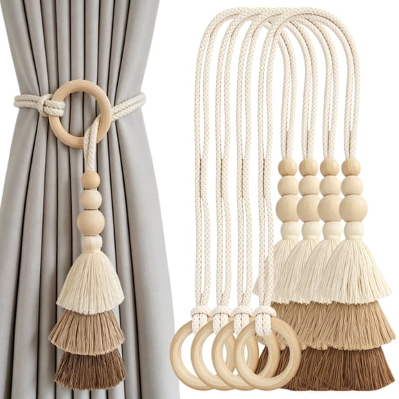 4 Pack Rope Curtain Tiebacks with Tassel Boho,Wooden Ring Curtain Tie Backs,Cotton Curtain Holdbacks Ties for Window Drapries