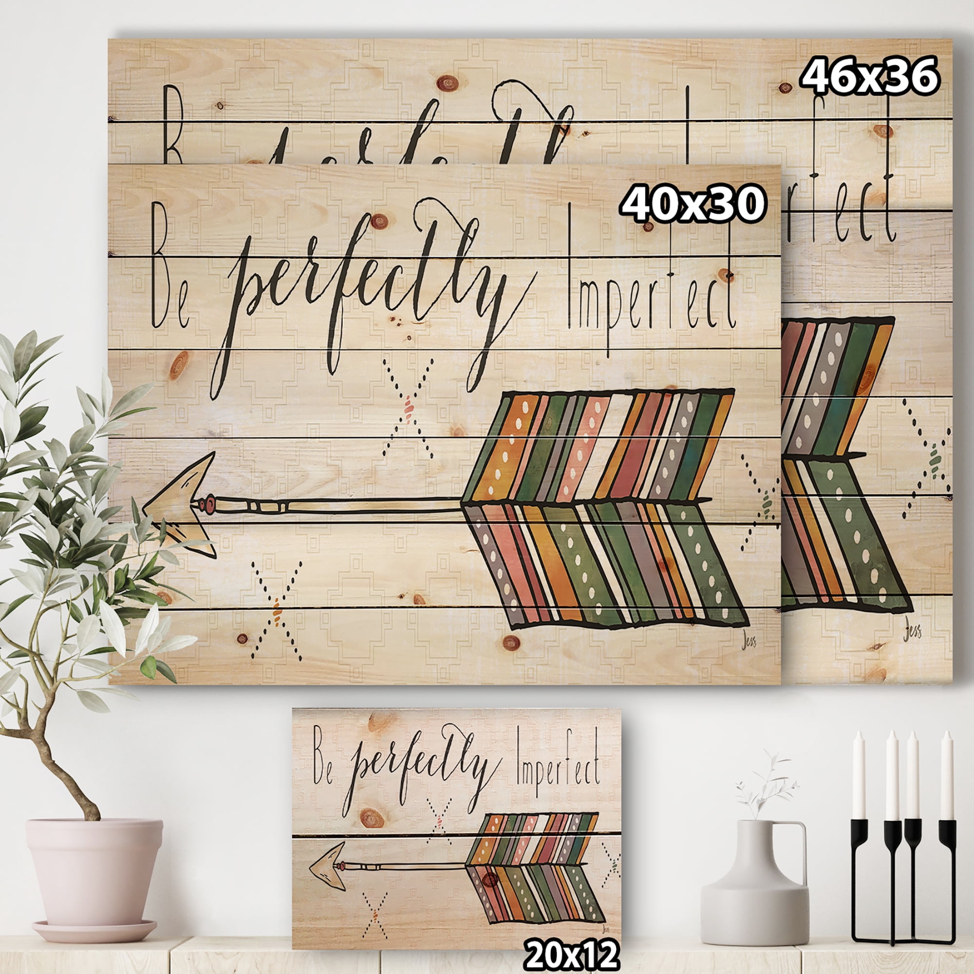 Designart 'Be perfectly imperfect Boho Arrow I' Bohemian & Eclectic Print on Natural Pine Wood