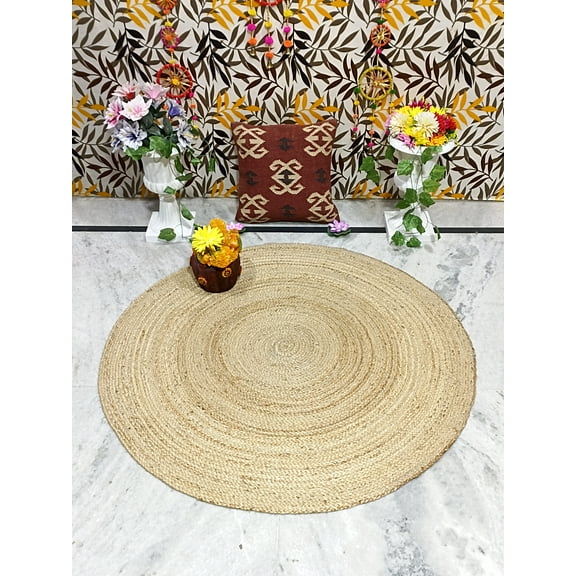 Handmade Braided Farmhouse Natural Jute Round Rugs Size 4 x 4 Feet Round
