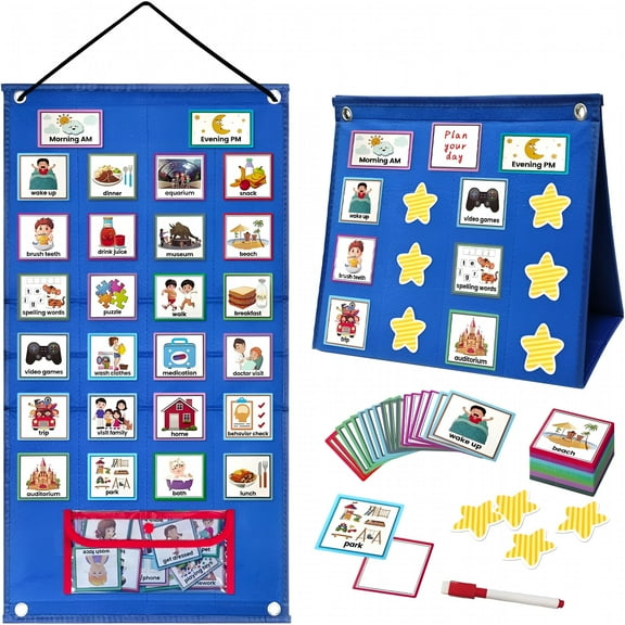 CCOCC Large Visual Schedule for Kids With Autism,3 In 1 Morning Routine Chore Chart,97 Cards Toddler Calendar Pocket Chart with Reward