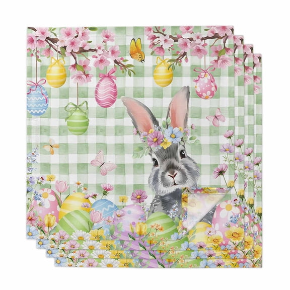 Sage Green Easter Cloth Napkins, Spring Watercolor Bunny Eggs Flower Plaid Washable and Reusable Dinner Napkins Set of 4, Table Napkin for Kitchen Party Birthday Wedding Hotel Housewarming 20"x20"
