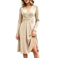 thumbnail image 7 of Womens Elegant Dresses Long Sleeve V Neck Trendy Ruched Wrap Waist Cinching Dress for Formal Wedding Party Rehearsal Dinner Beige XXL, 7 of 7