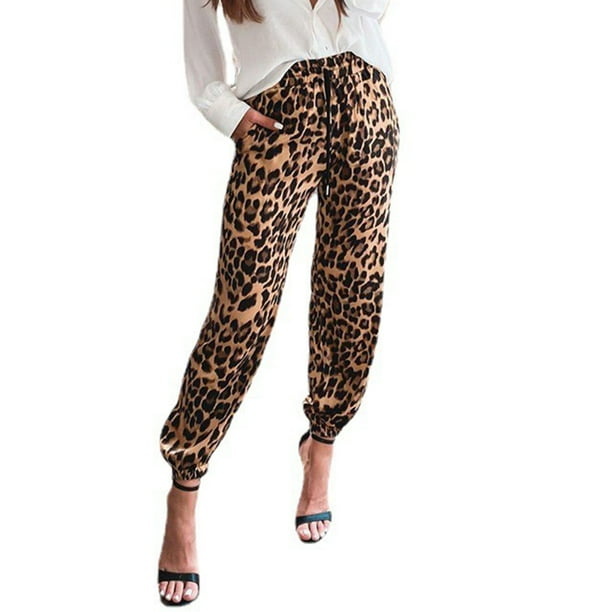 Pantalones deportivos de leopardo para mujer, cintura elástica, atados al tobillo, pantalones largos deportivos informales para mujer con bolsillos para correr al aire libre, marrón M