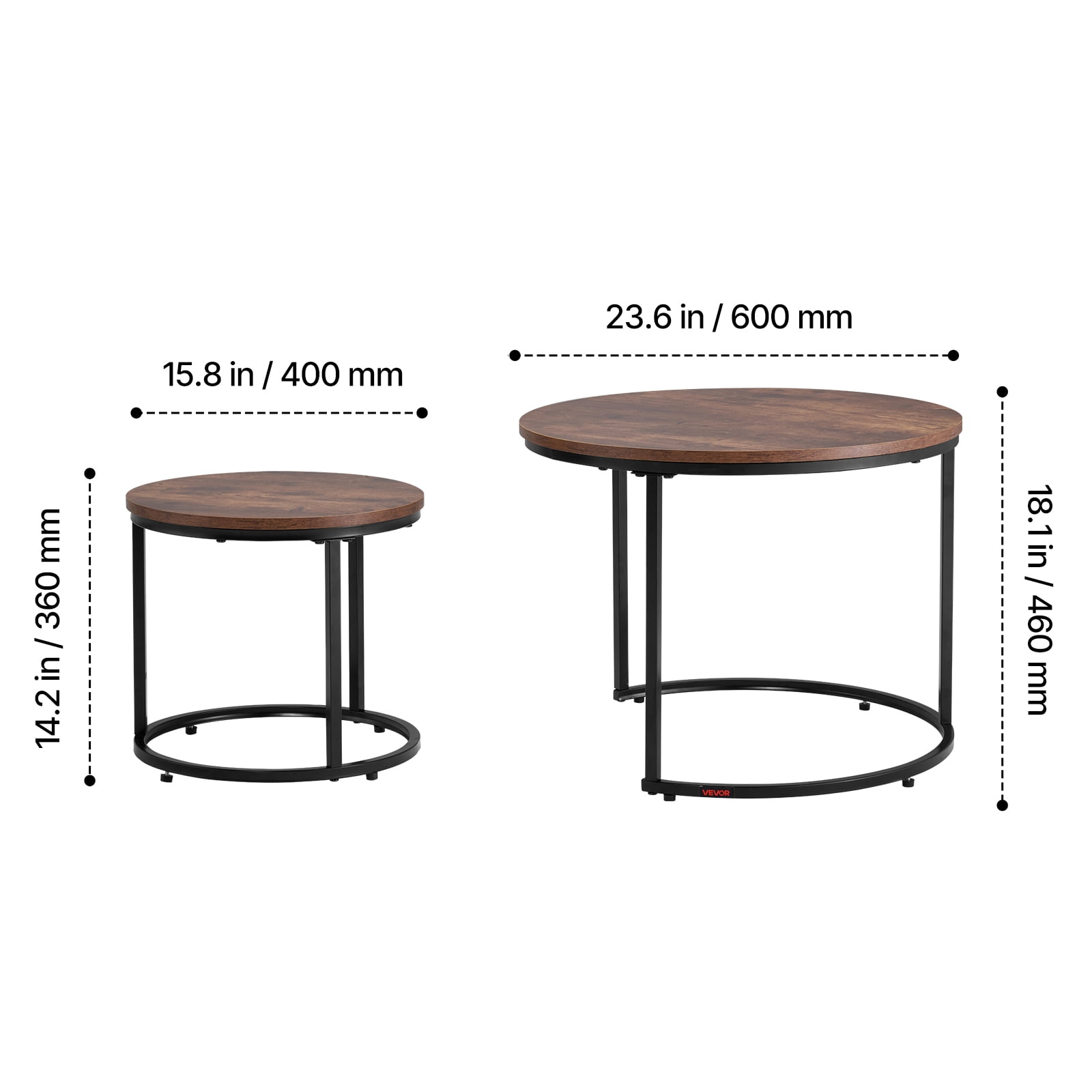 VEVOR Nesting Coffee Table Set of 2, 23.6 in Round Coffee Table,Nesting Tables for Small Place, End Side Tables Night Stand with Metal Frame, for Living Room, Bedroom, Office (Vintage Brown & Black)