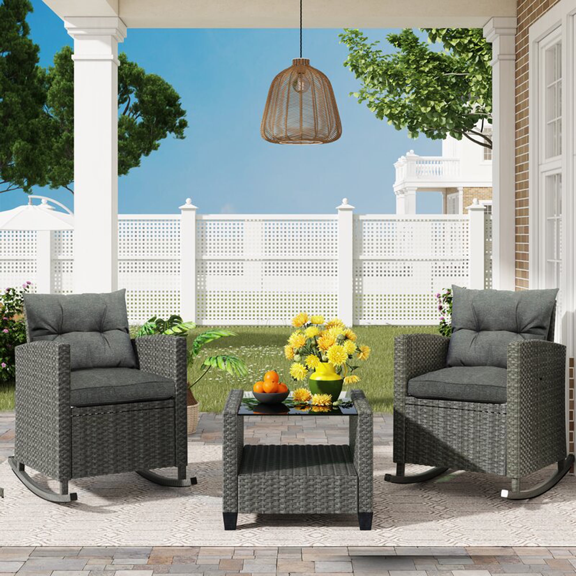 Cfowner Patio Porch Furniture Sets 3 Pieces Rocking PE Rattan Wicker