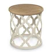 Bestco 17.7" Farmhouse End Table, Round French Country Side Table, Distressed Wood Tray Top Rustic Accent Table with Lipped Edge, Beige