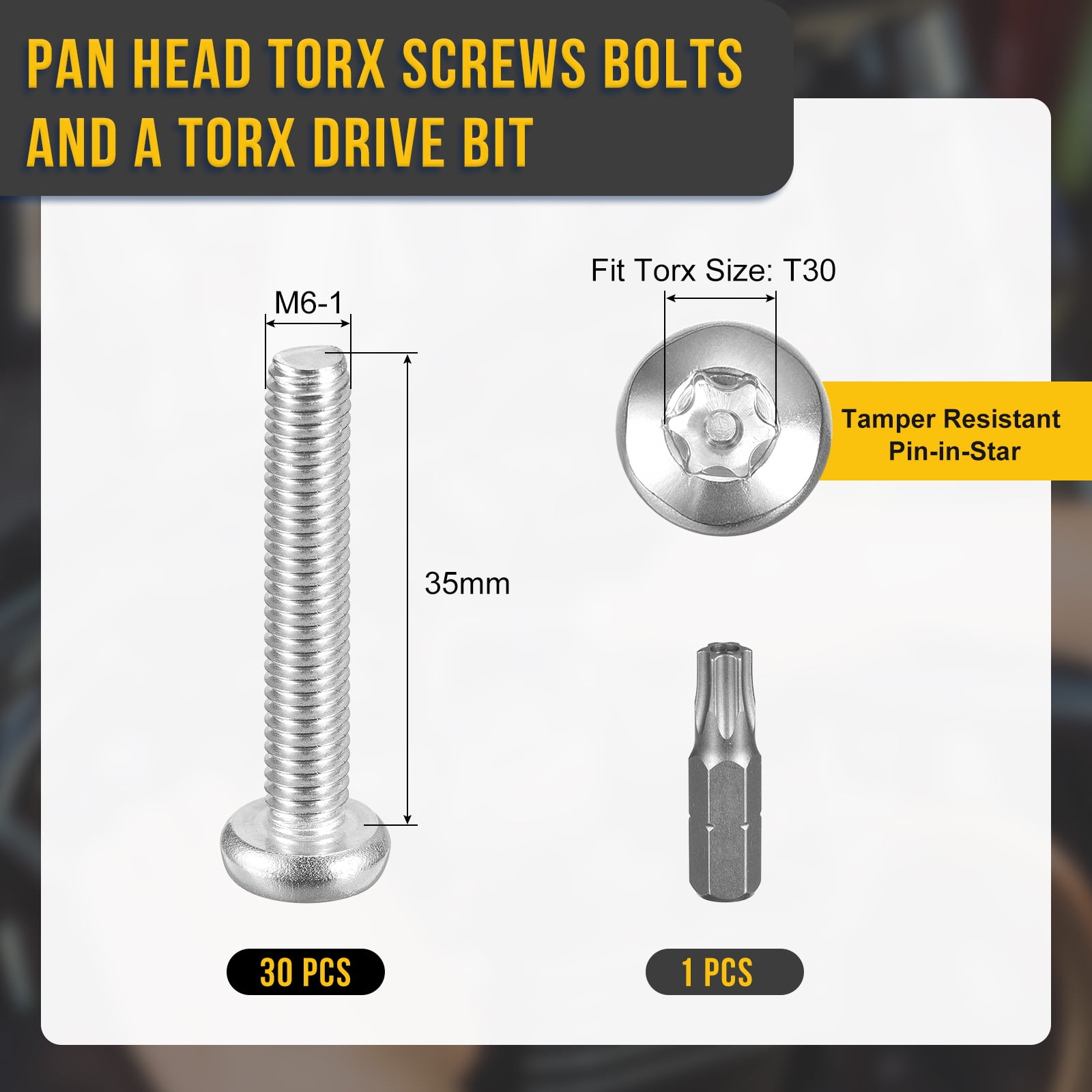 M6x35mm Pan Head Torx Security Screw - 30Pack - Stainless Steel - Silver