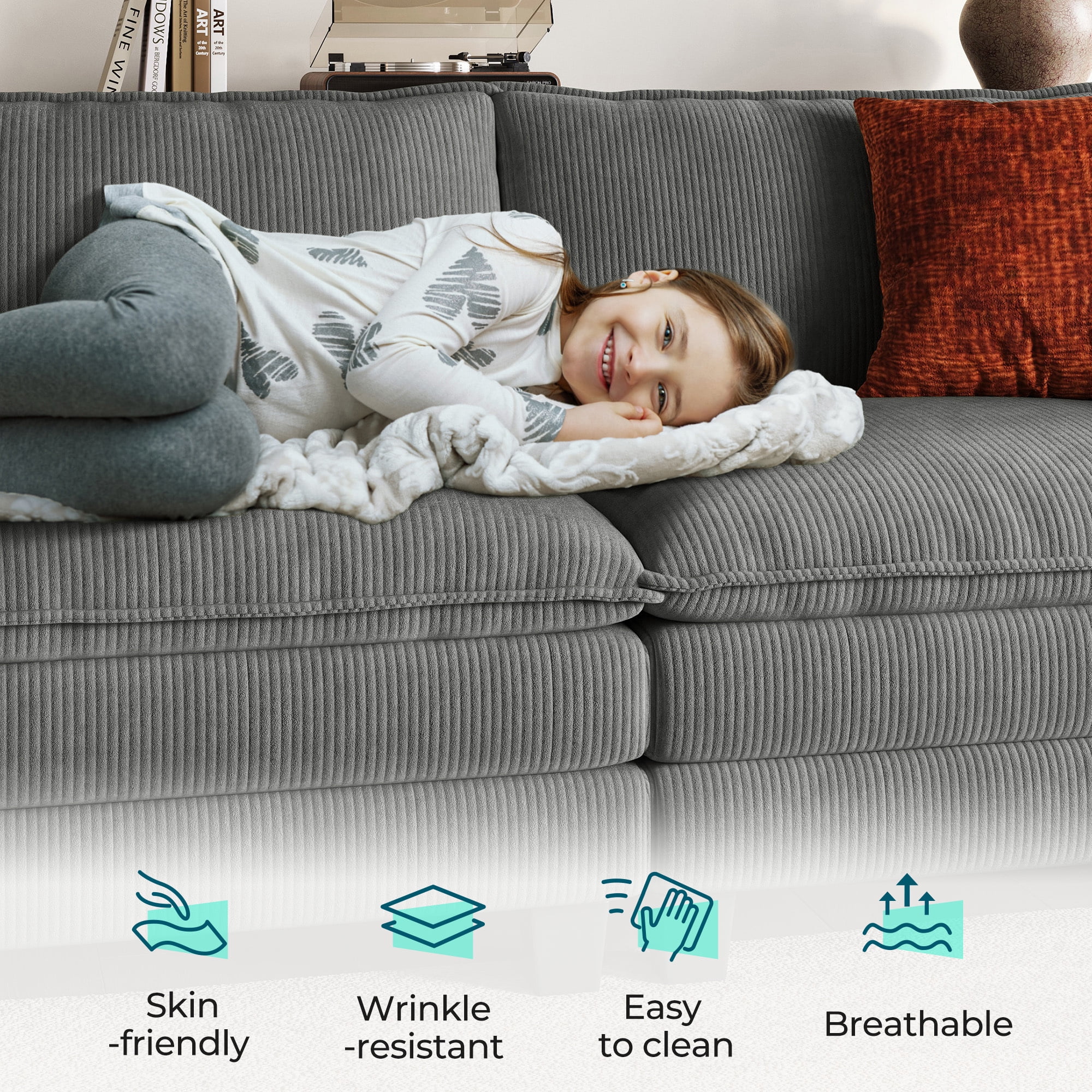 Linsy Home 153" Cloud Modular Sectional Sofa for Living Room, V-Shaped Cloud Sofa Couch with Corduroy Fabric, 5 Seat Oversized Couch with Corner Seat&Movable Ottoman, Grey