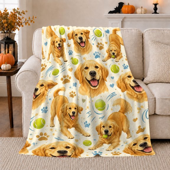 Golden Retriever Playful Dogs Tennis Ball Collage Cream, Playful Pet Portrait Pattern, Warm Flannel Blanket for Living Room and Reading Nook, Dog Lovers Thanksgiving Gift, Pet Lover Home Decor