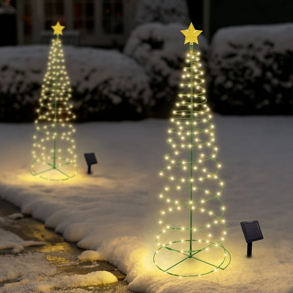Solar LED Metal Christmas Tree Outdoor Holiday Decor Stake Light - 4 Feet, Warm White - 2 Pack