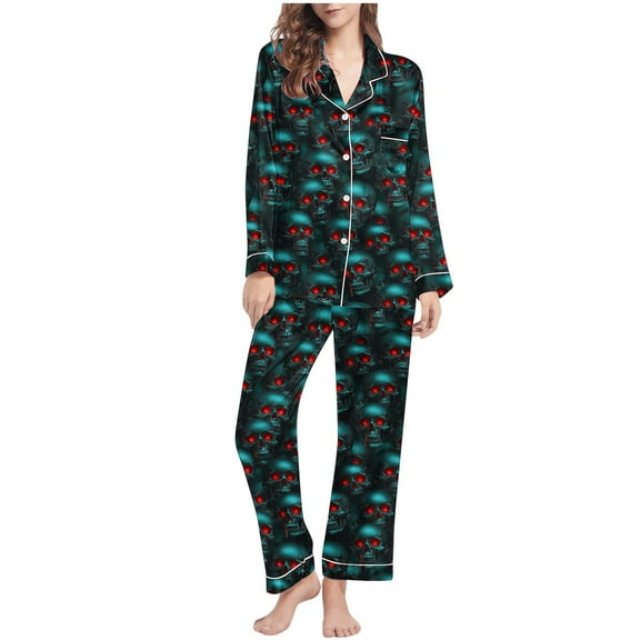 SwiftWear Women's Skull Print Punk Style Long Pajama Set Halloween Fall Sleepwear & Loungewear Cozy Button-Down Top with Pocket Relaxed Fit Lounge Pants