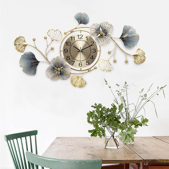 Reloj de pared minimalista, luz de arte del hierro silencioso, atmósfera de hoja de Ginkgo de lujo para comedor, cafetería, decoración de tienda de pequeñas horizontales Colco Reloj de pared